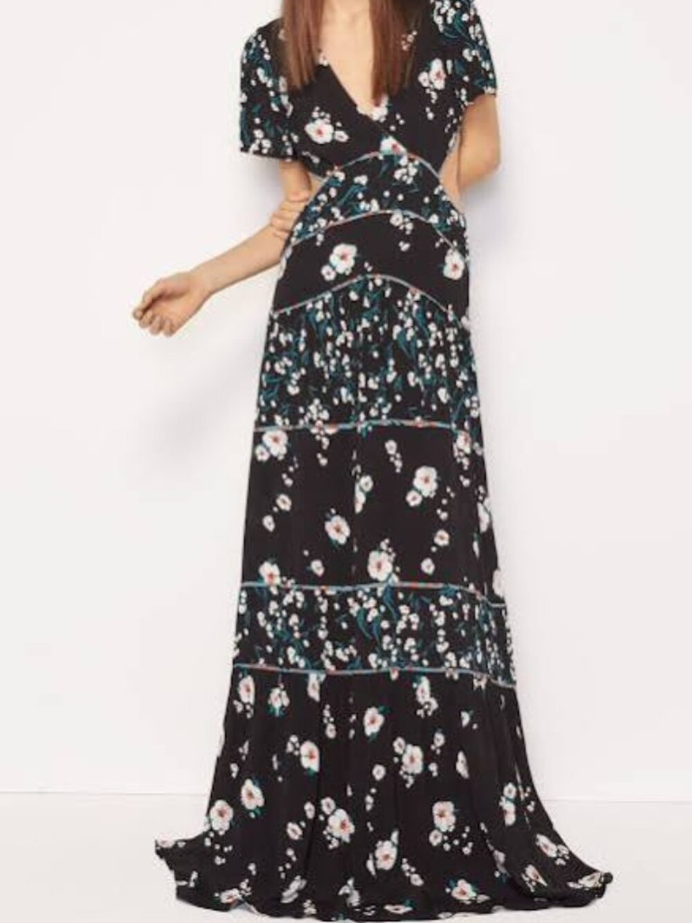 ba&sh "Blush" Black Floral V-Neck Cutout Tiered Dress - Size 1 (Small)